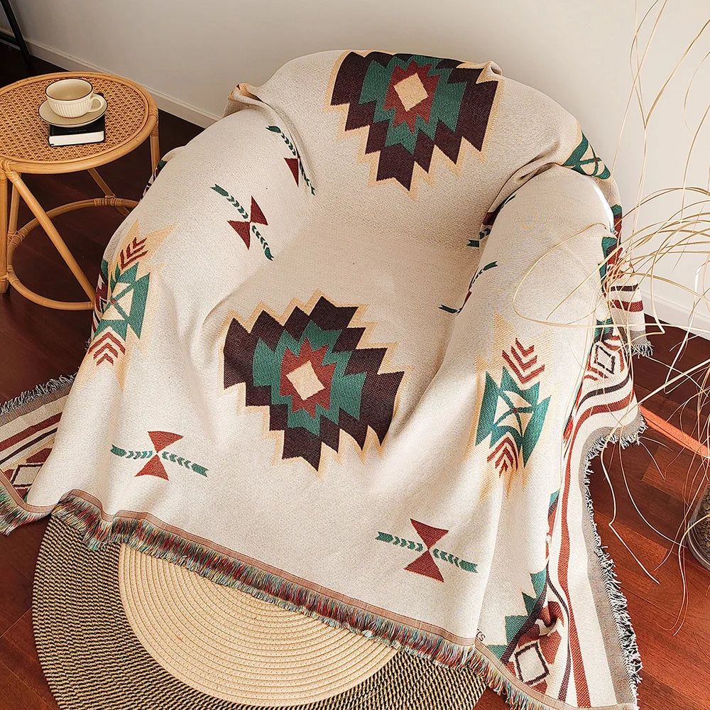 Aztec Blanket, Boho Throw Blanket with Fringe