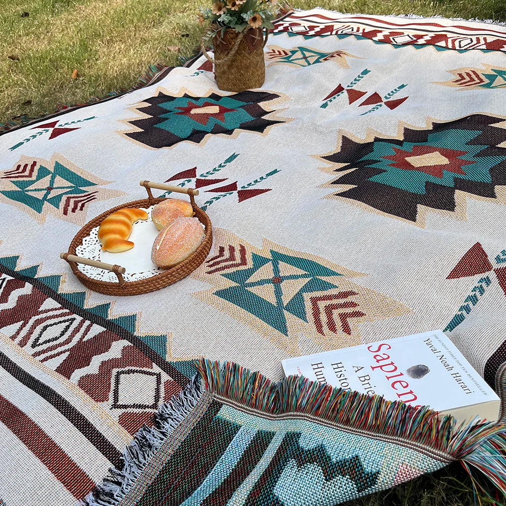 Aztec Blanket, Boho Throw Blanket with Fringe