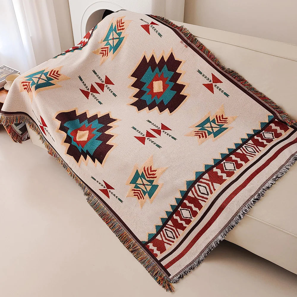 Aztec Blanket, Boho Throw Blanket with Fringe