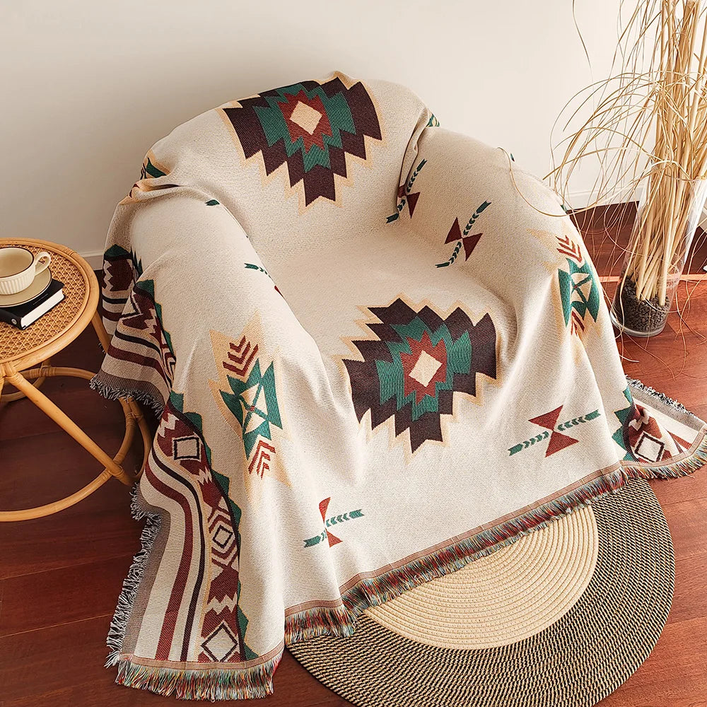 Aztec Blanket, Boho Throw Blanket with Fringe