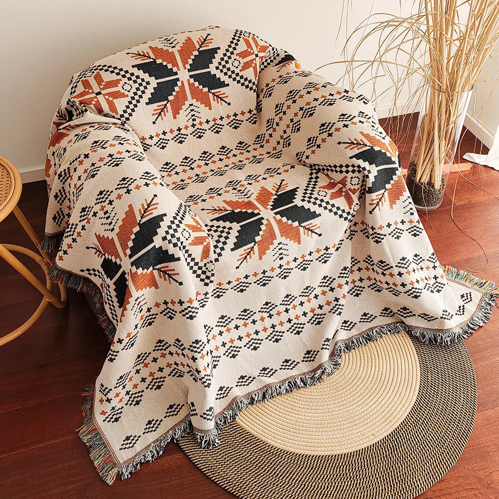Aztec Blanket, Boho Throw Blanket with Fringe